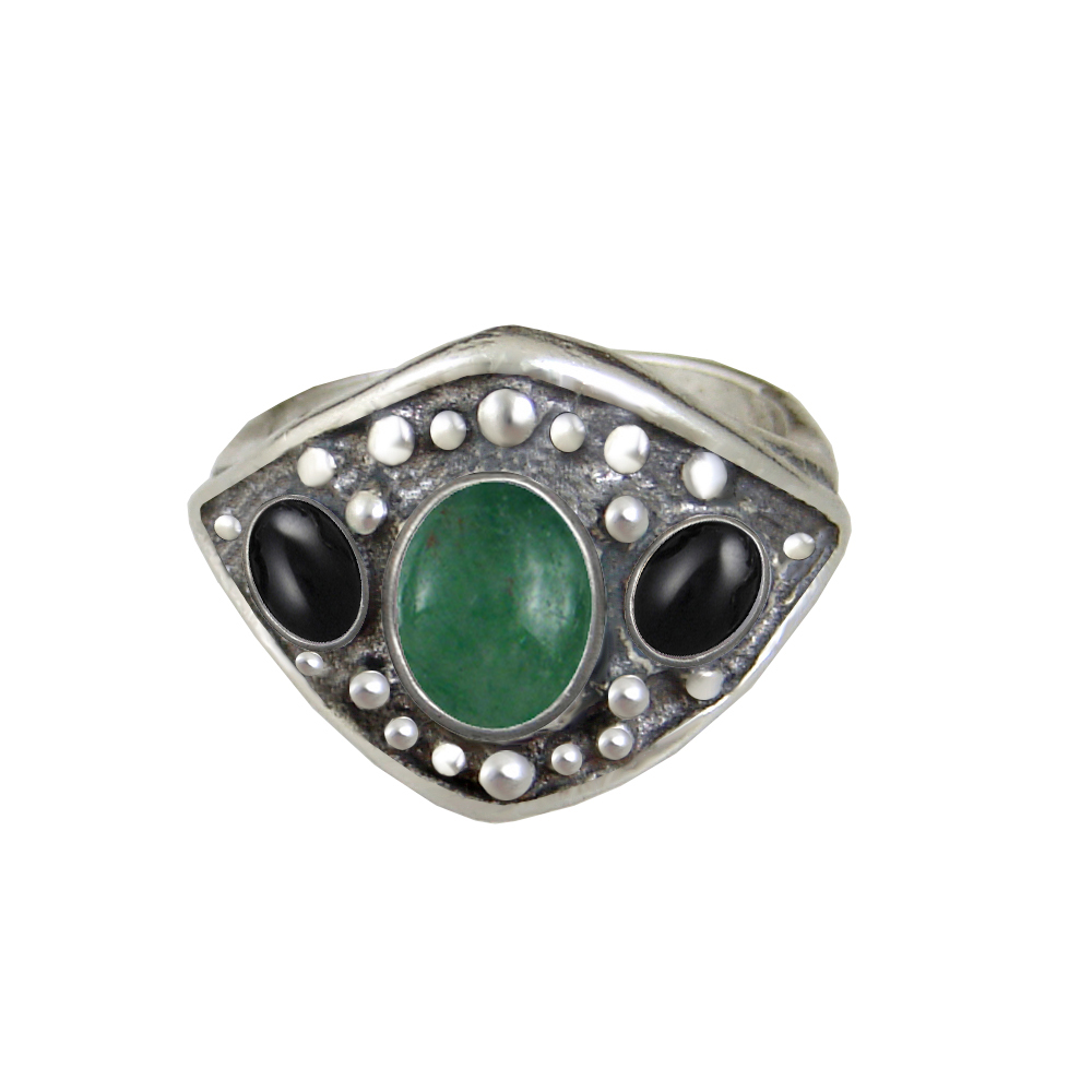 Sterling Silver Medieval Lady's Ring with Jade And Black Onyx Size 6